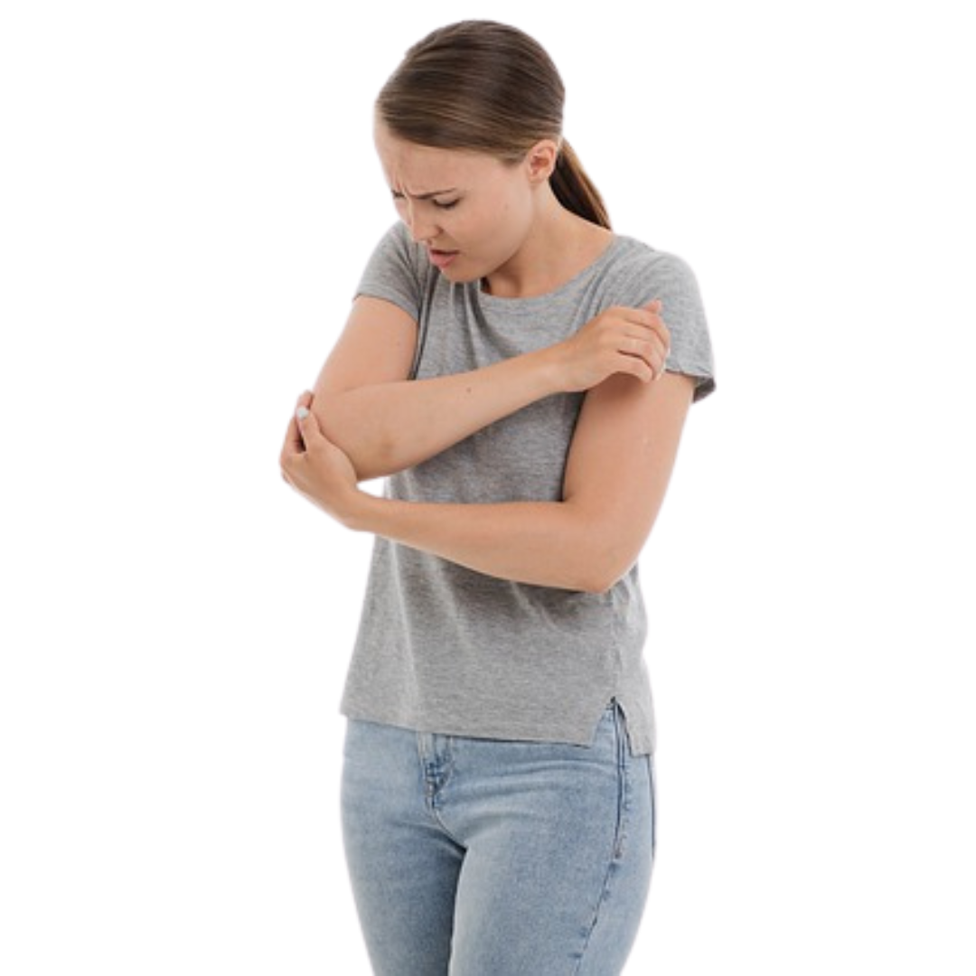 woman holding her right elbow due to elbow pain
